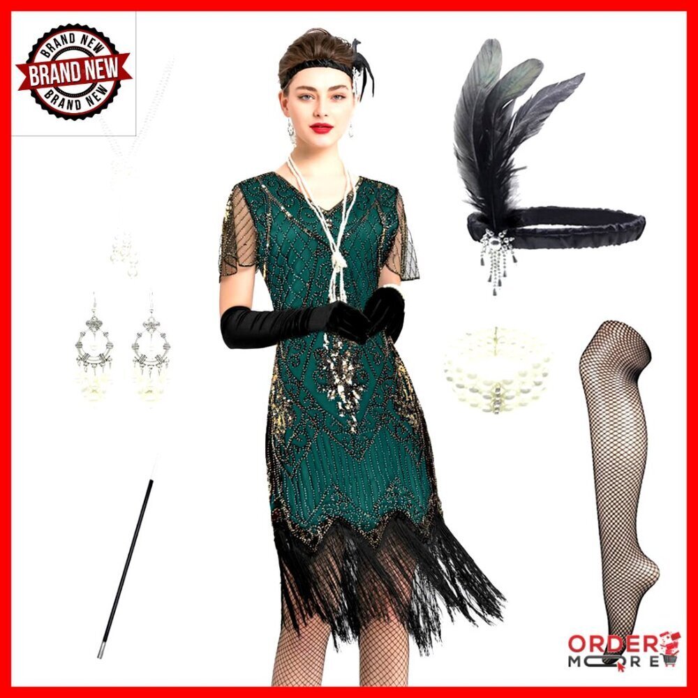 Sequin Fringe Flapper Dress with Accessories Set Size 3XL